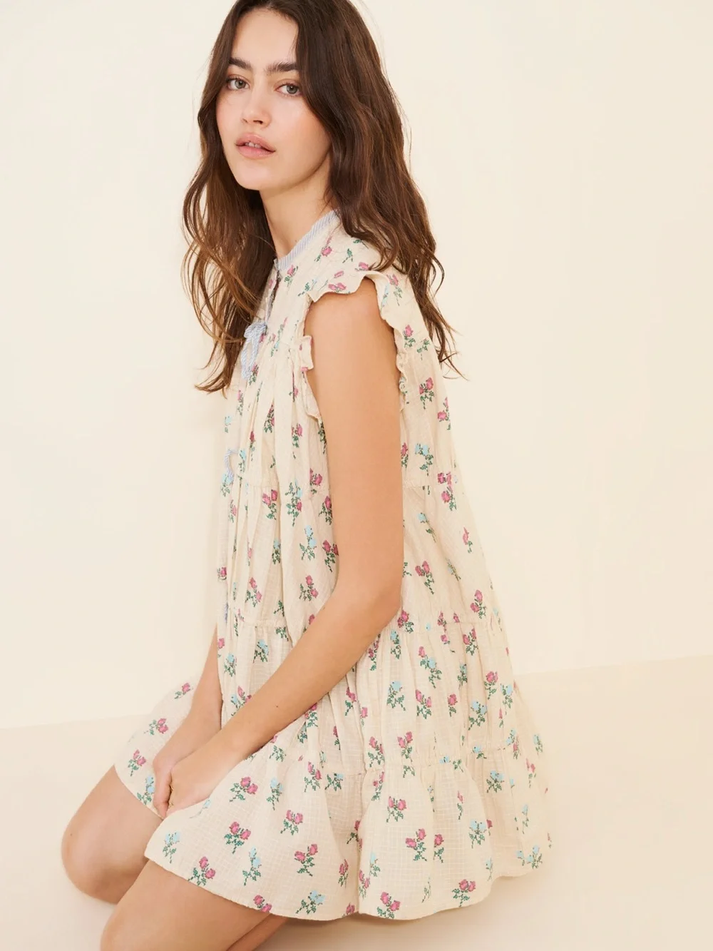 Free People Cream Floral Mini Dress with Pink Roses - Picture 2 of 5
